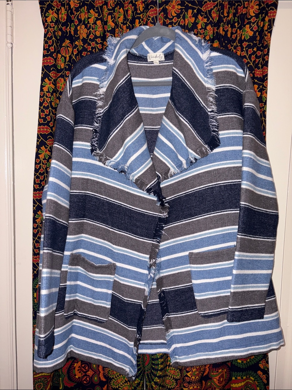 Wonderly Blue and Gray Striped Men's Cardigan Jacket